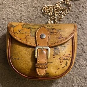 Alviero Martini Tan Map Crossbody Bag with Gold Chain